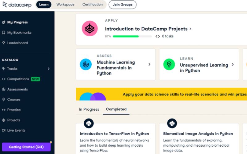 giao diện dễ sử dụng của datacamp